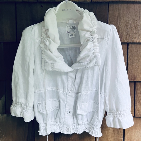 Rare Anthropologie Ryu Linen & Cotton Gathered Collar White Short Jacket Size S - Picture 11 of 14